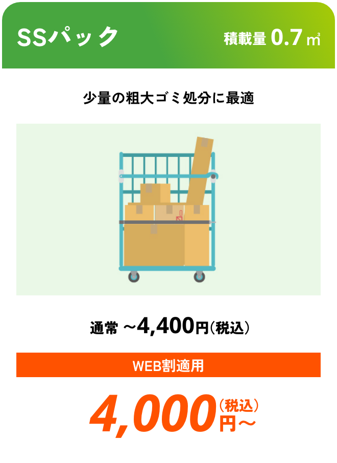 SSパック こんな時におすすめ：少量の粗大ゴミ処分に最適 積載量0.7㎥ 通常〜4,400円（税込） WEB割適用で4,000円（税込）〜