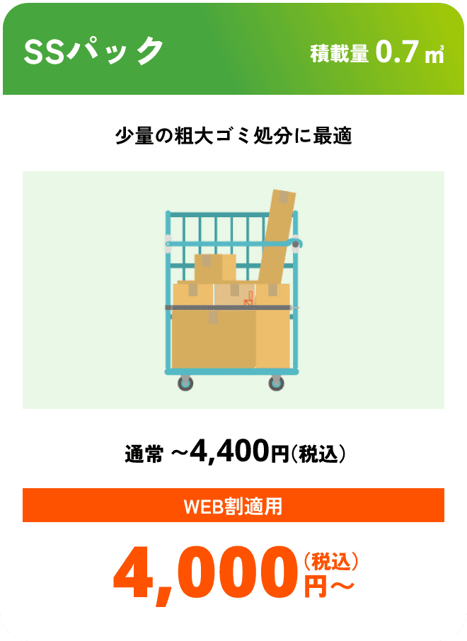 SSパック こんな時におすすめ：少量の粗大ゴミ処分に最適 積載量0.7㎥ 通常〜4,400円（税込） WEB割適用で4,000円（税込）〜