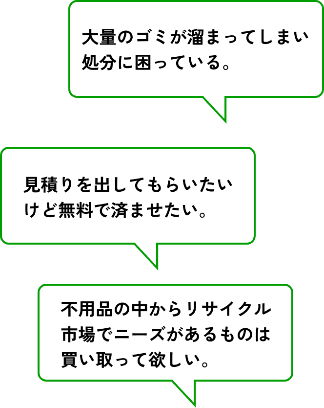 大量のゴミが溜まってしまい処分に困っている。見積りを出してもらいたいけど無料で済ませたい。不用品の中からリサイクル市場でニーズがあるものは買い取って欲しい。