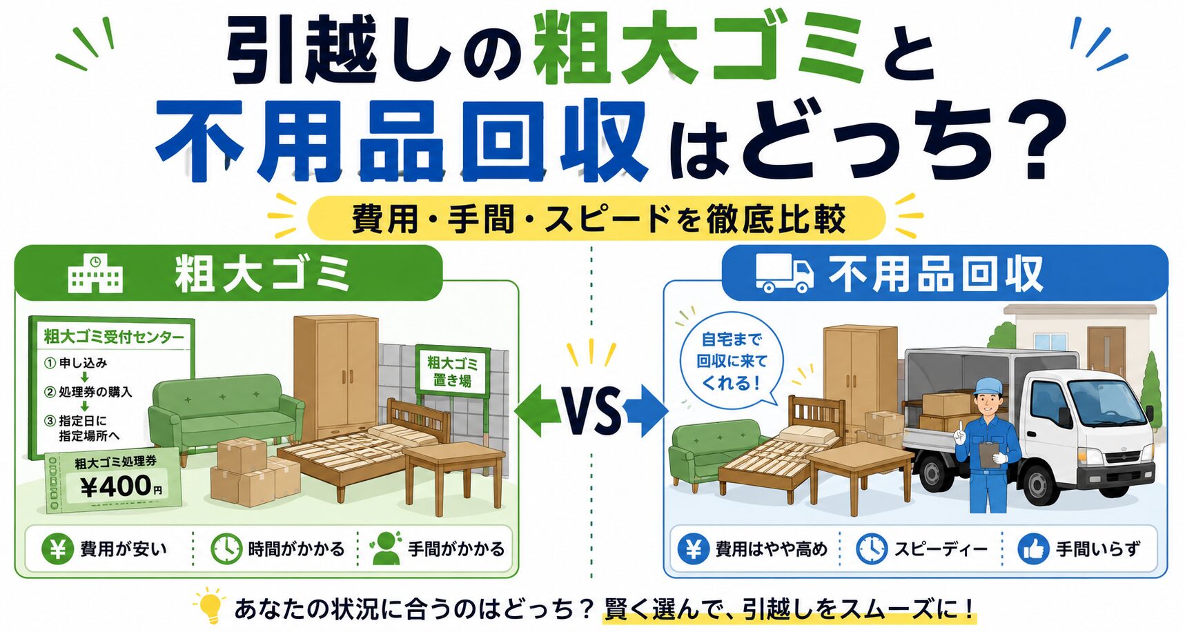 【引越し処分】粗大ゴミと不用品回収はどっちが得？費用と手間の違いを徹底比較